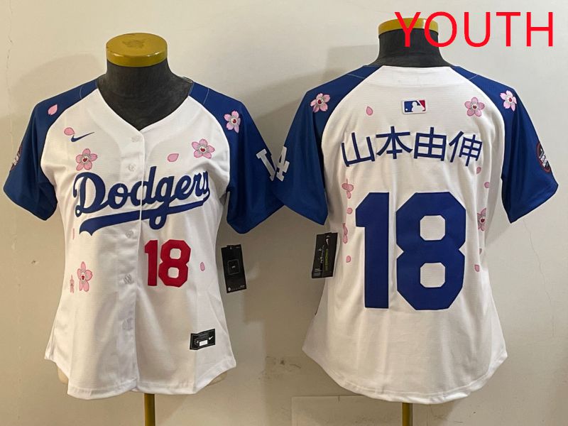 Youth Los Angeles Dodgers #18 Yamamoto White Blue Sakura Edition 2025 Nike MLB Jersey style 15->youth mlb jersey->Youth Jersey